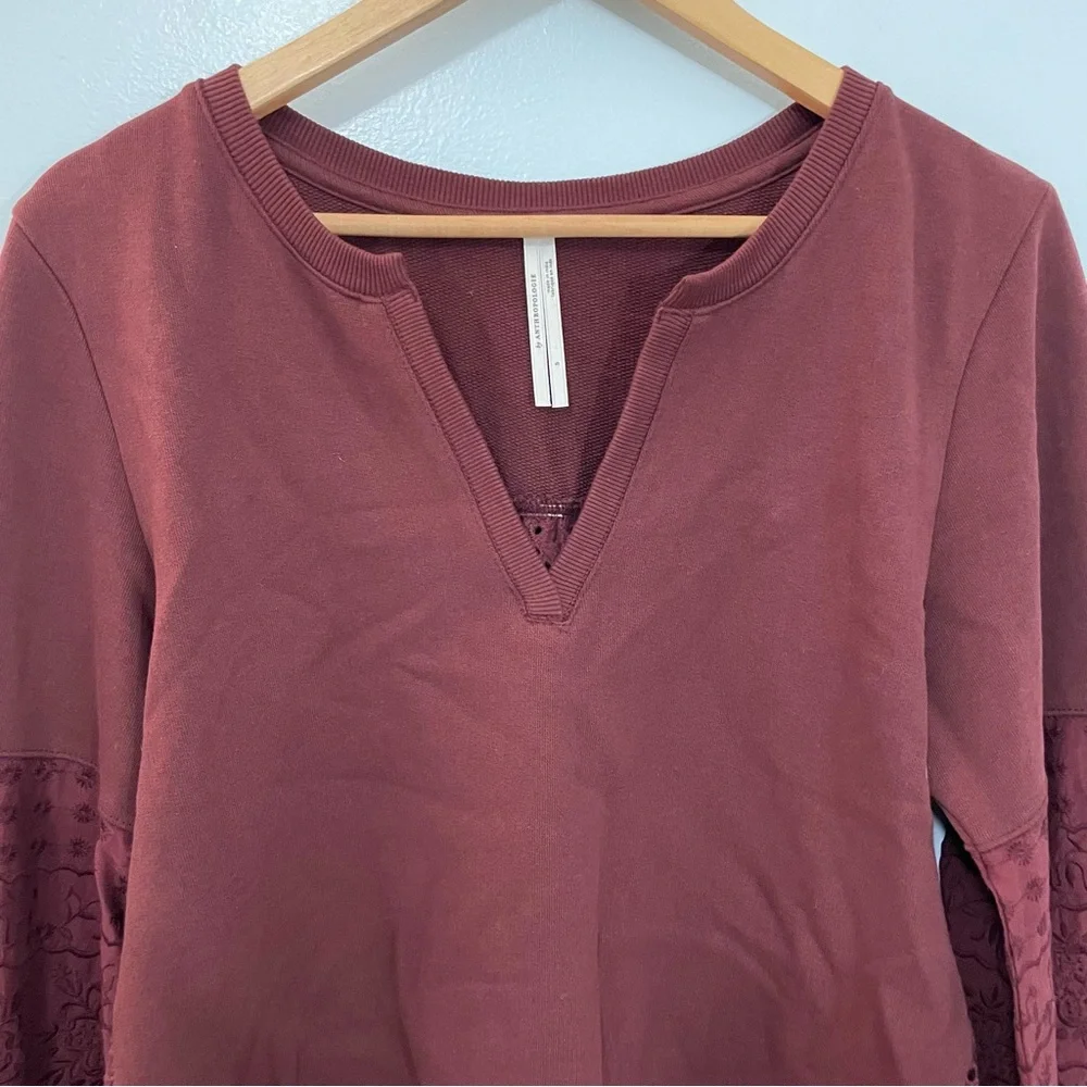 Anthropologie Plum Wine Eyelet Lace Puffy Sleeves Oversized Top Size S